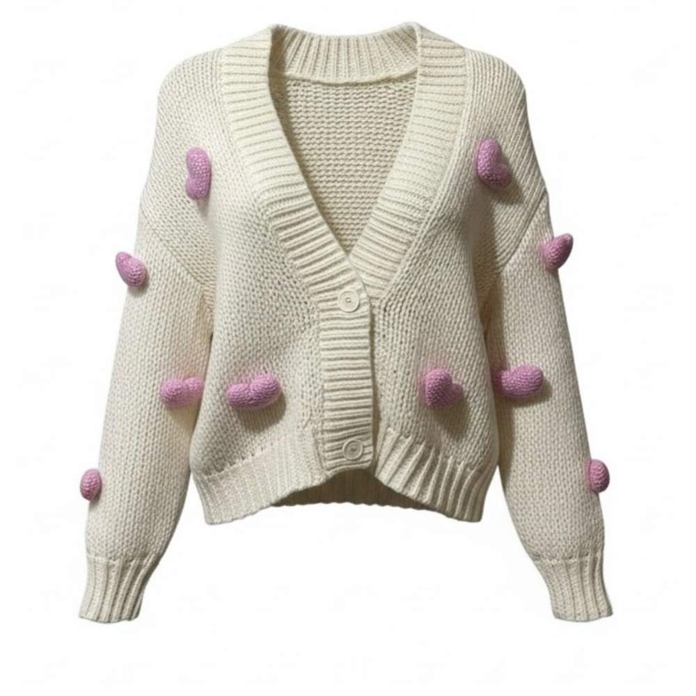 Roffee Ivory Pink Heart Accents Kidcore Novelty Cardigan Sweater sz S NWT